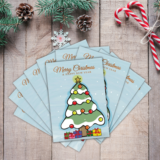 Pack of 10 Christmas Cards – Snowy Tree & Presents