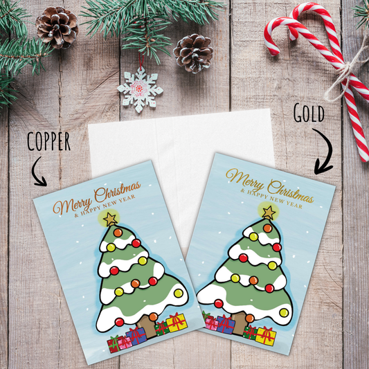 Pack of 10 Christmas Cards – Snowy Tree & Presents
