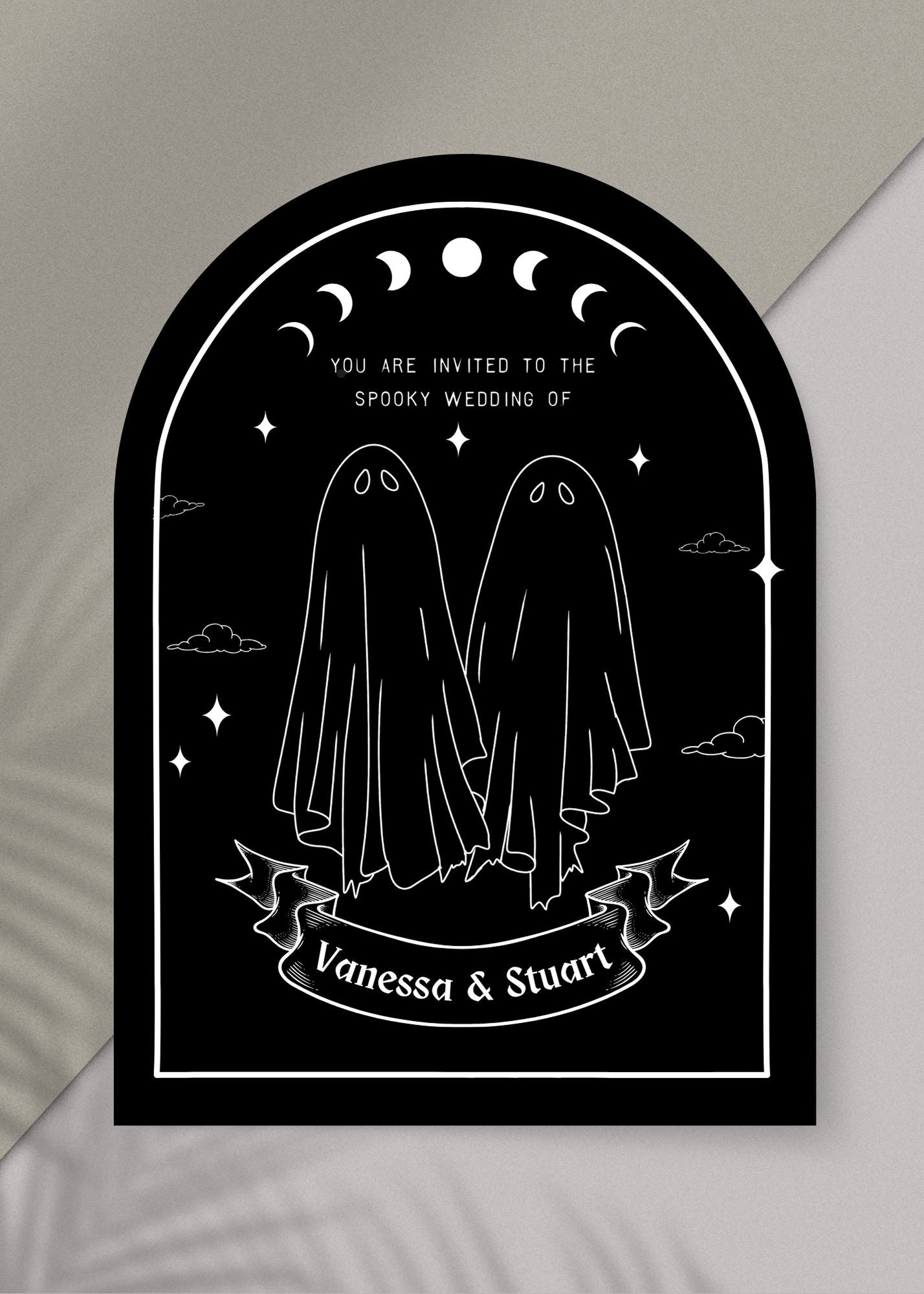 Invitation card with ghost design and witchy detail, and white text on a black background 