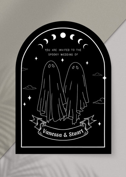 Invitation card with ghost design and witchy detail, and white text on a black background 