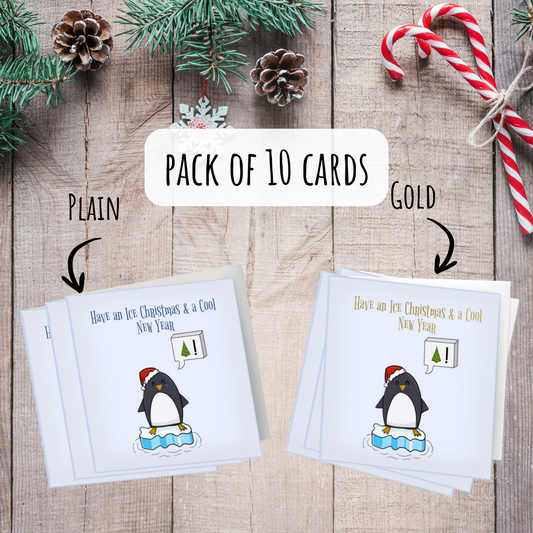 10-Pack Penguin Christmas Cards – Have an Ice Christmas & Cool New Year (Foiled or Plain)